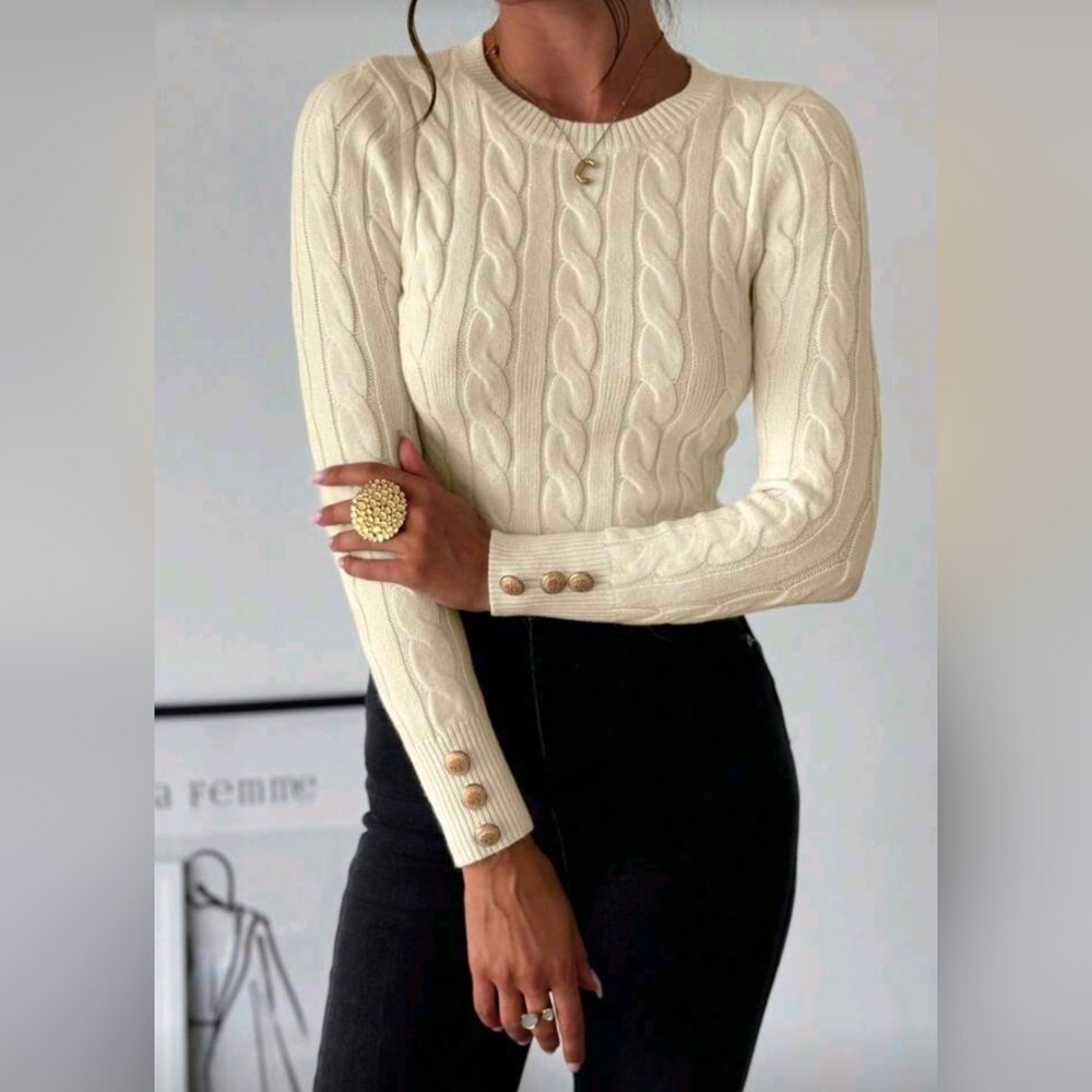 New Luxe Cable Knit Fitted Sweater Top Pullover Cream Ivory